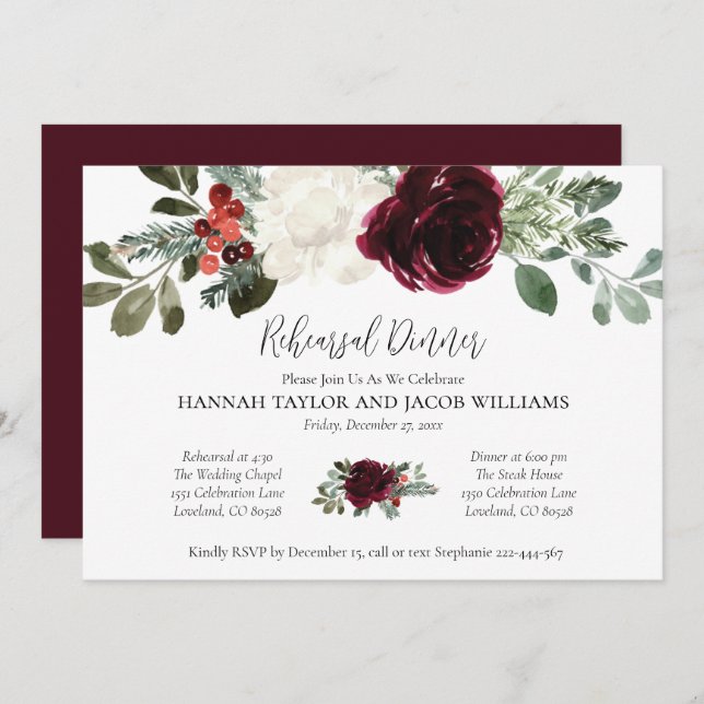 Invitación Elegantes Navidades Ensayo de Boda de Invierno Cen (Anverso / Reverso)