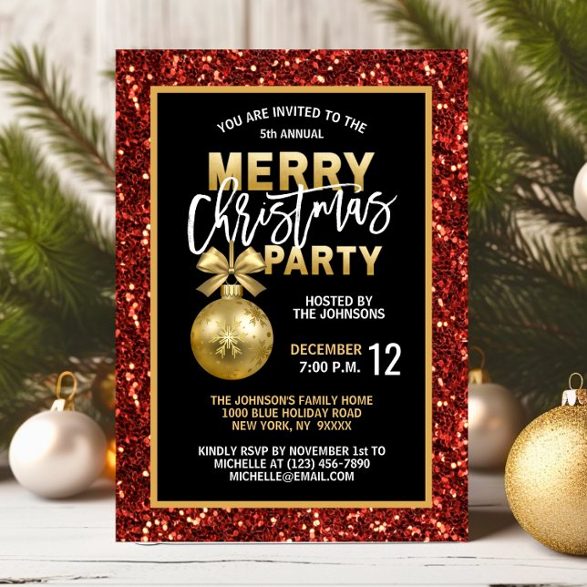 Invitación Elegantes Navidades FIESTA Black Gold Purpurina Ro (Elegant Christmas PARTY Black Gold Red Glitter Invitation)