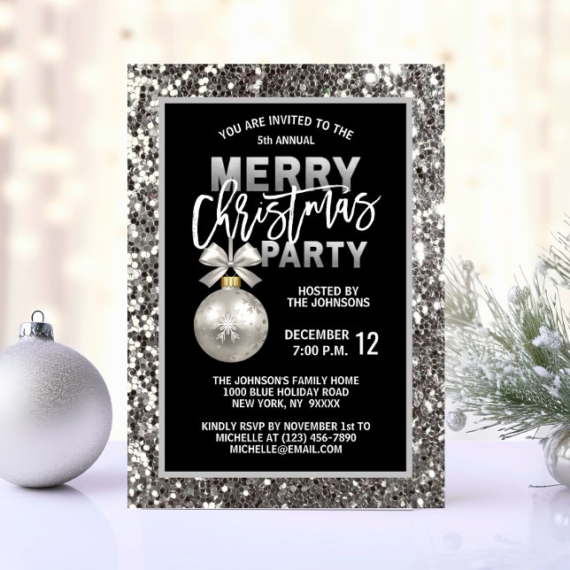 Invitación Elegantes Navidades FIESTA Black Silver Purpurina (Elegant Christmas PARTY Black Silver Glitter Invitation)
