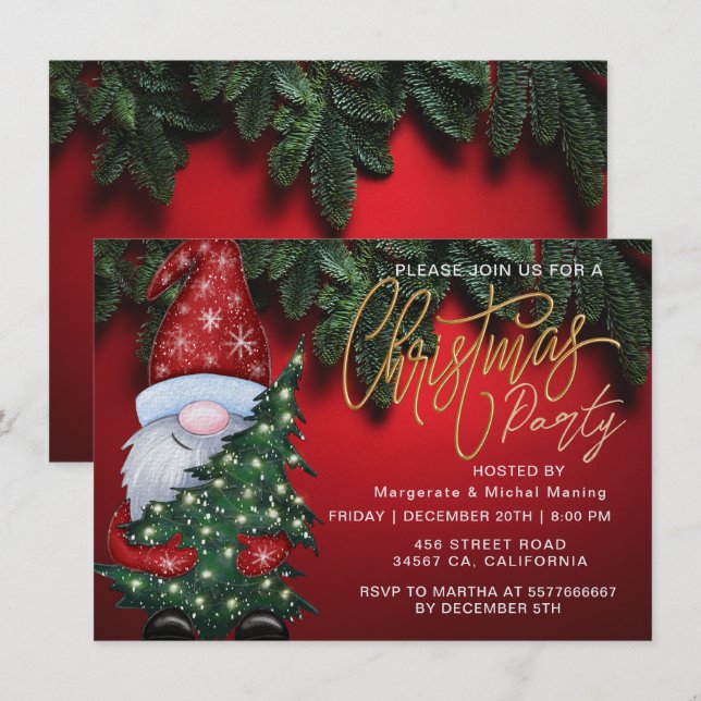 Invitación Elegantes Navidades Fiesta de árbol bokeh oro rojo (Anverso / Reverso)