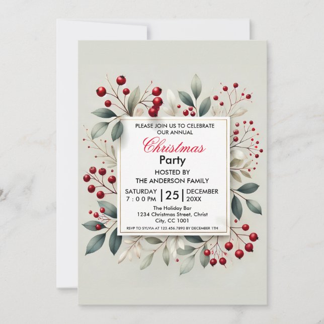 Invitación Elegantes Navidades Fiesta Holly Berry Y Foliage (Anverso)