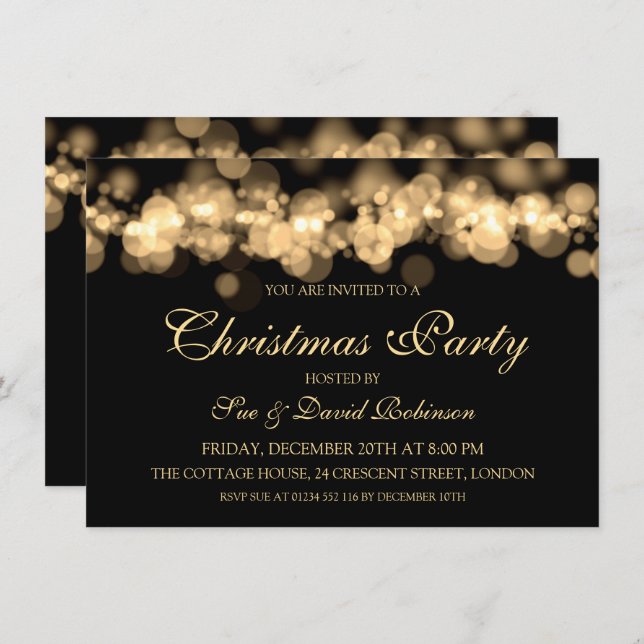 Invitación Elegantes Navidades Fiesta Luces de Oro Bokeh (Anverso / Reverso)