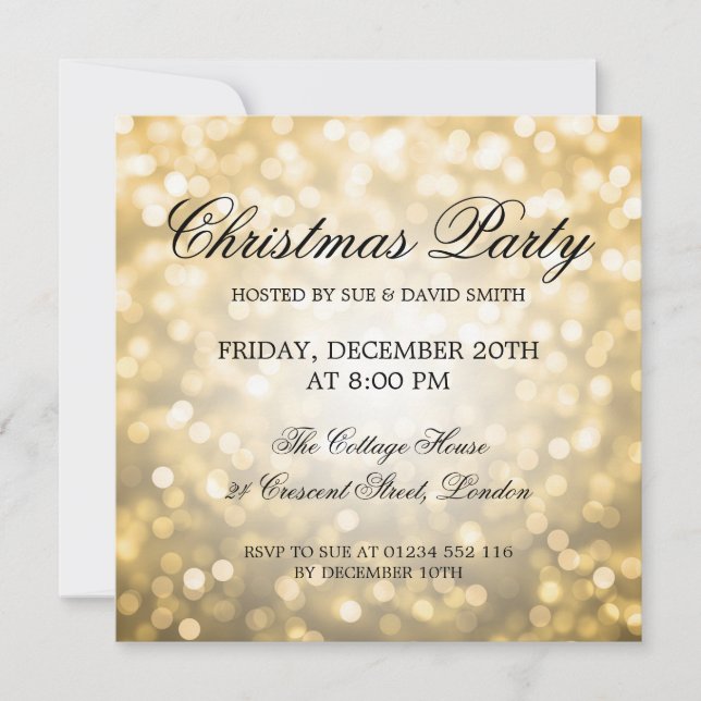 Invitación Elegantes Navidades Fiesta Luces Purpurinas de oro (Anverso)
