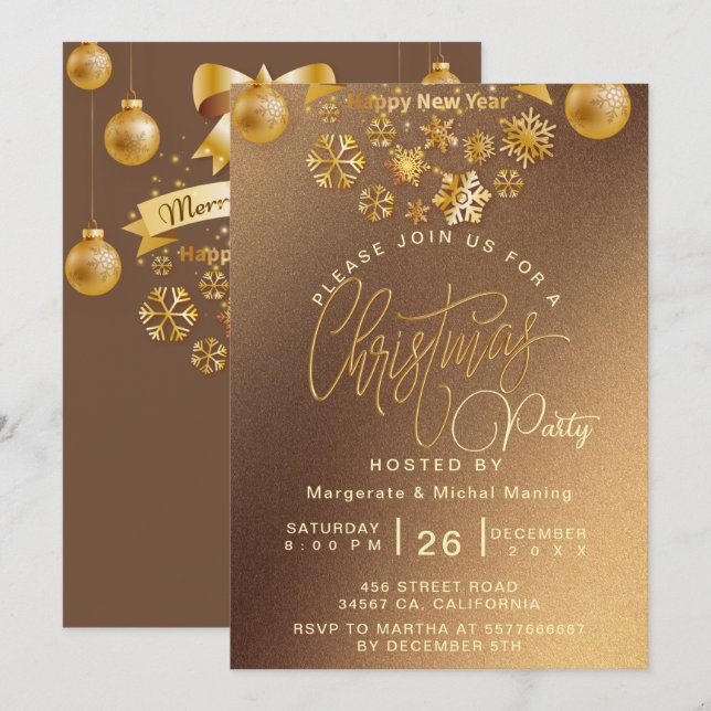 Invitación Elegantes Navidades Fiesta Luces Shimmering Gold (Anverso / Reverso)