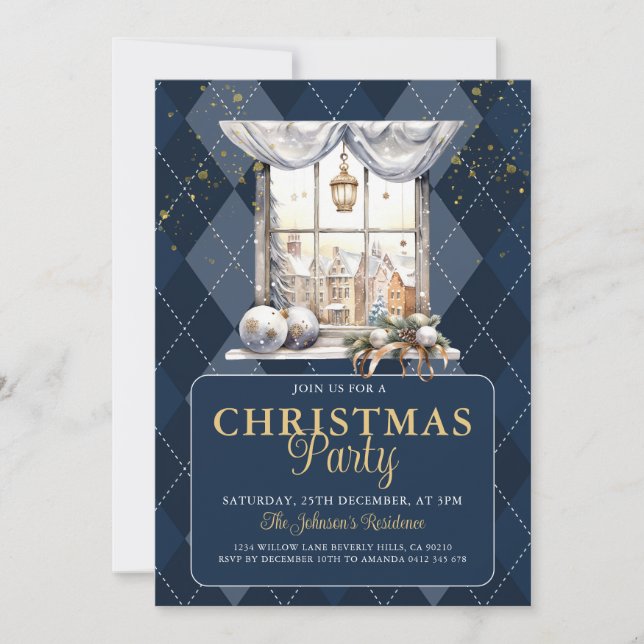 Invitación Elegantes Navidades Fiesta Navy Plaid Gold Purpuri (Anverso)