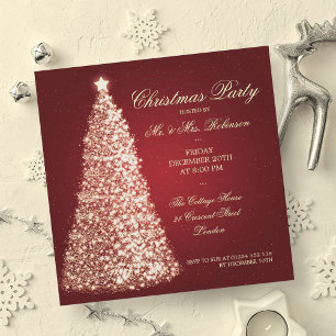 Invitación Elegantes Navidades Fiesta Oro Árbol Rojo