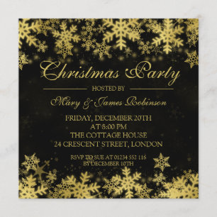Invitación Elegantes Navidades Fiesta Oro Copos de Nieve