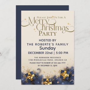 Invitación Elegantes Navidades FIESTA Purpurina azul oro negr