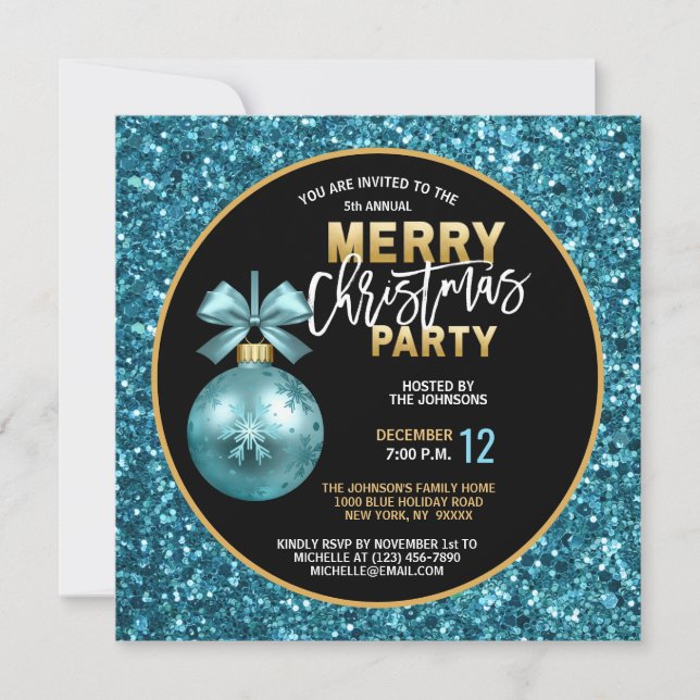 Invitación Elegantes Navidades FIESTA Purpurina Azul Oro Negr (Anverso)