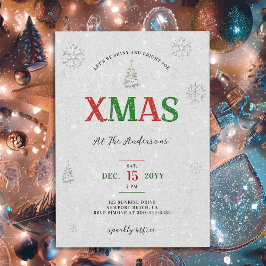 Invitación Elegantes Navidades Fiesta Purpurina Blanco Verde 