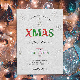 Invitación Elegantes Navidades Fiesta Purpurina Blanco Verde