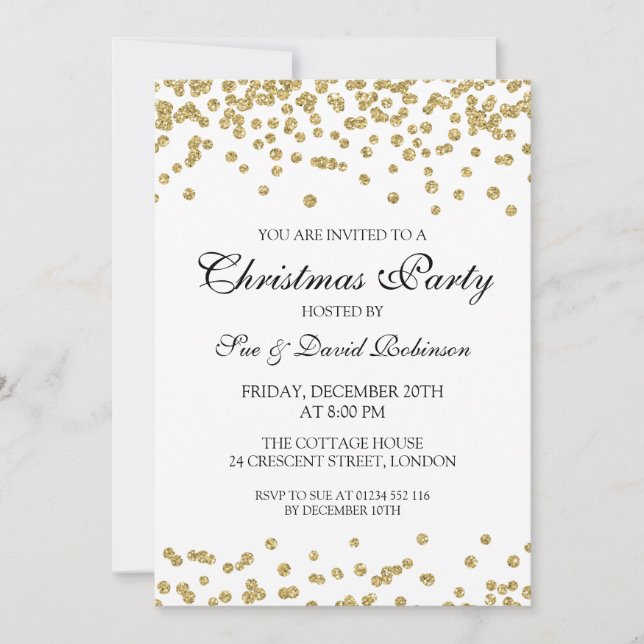 Invitación Elegantes Navidades Fiesta Purpurina Oro Confetti (Anverso)
