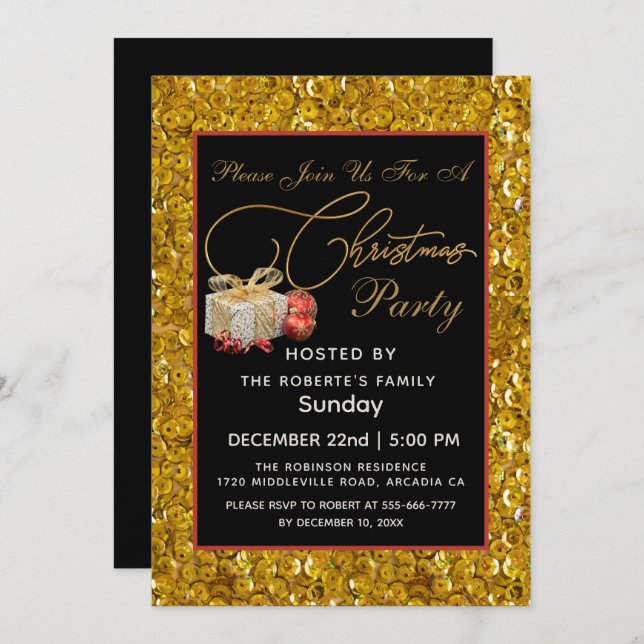 Invitación Elegantes Navidades FIESTA Purpurina rojo Oro Negr (Anverso / Reverso)
