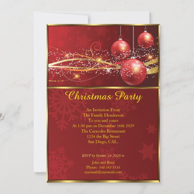 Invitación Elegantes Navidades fiesta Rojo baubles oro (Anverso)