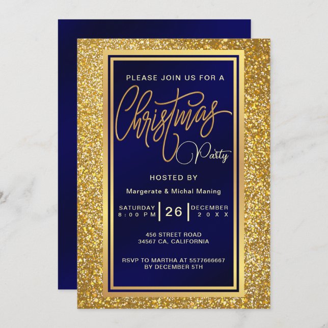 Invitación Elegantes Navidades Fiesta Sparkle Golden purpurin (Anverso / Reverso)
