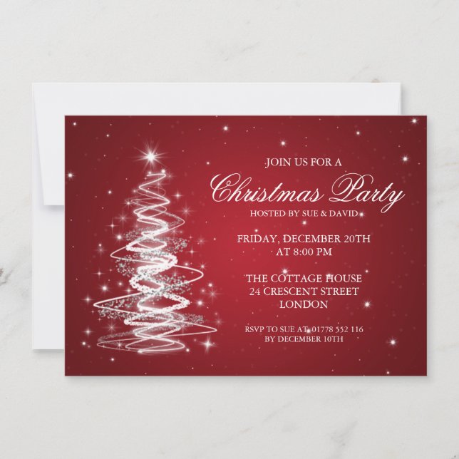 Invitación Elegantes Navidades Fiesta Sparkling Tree Red (Anverso)