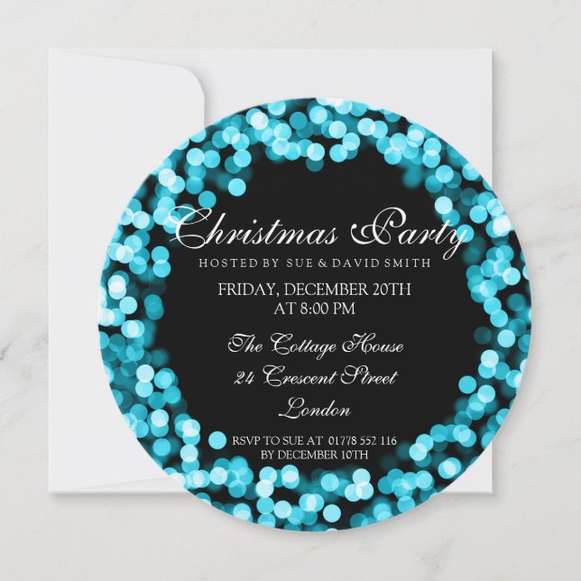 Invitación Elegantes Navidades Fiesta Turquoise Sparkly Luces (Anverso)