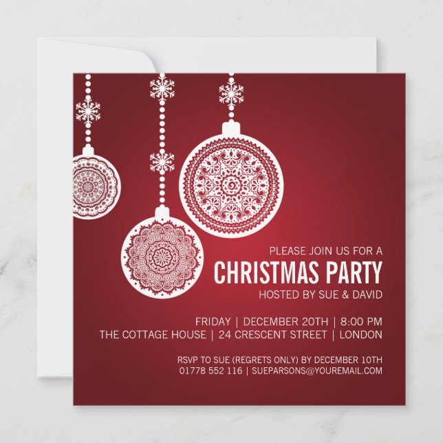 Invitación Elegantes Navidades Fiestas Ornaments Red (Anverso)