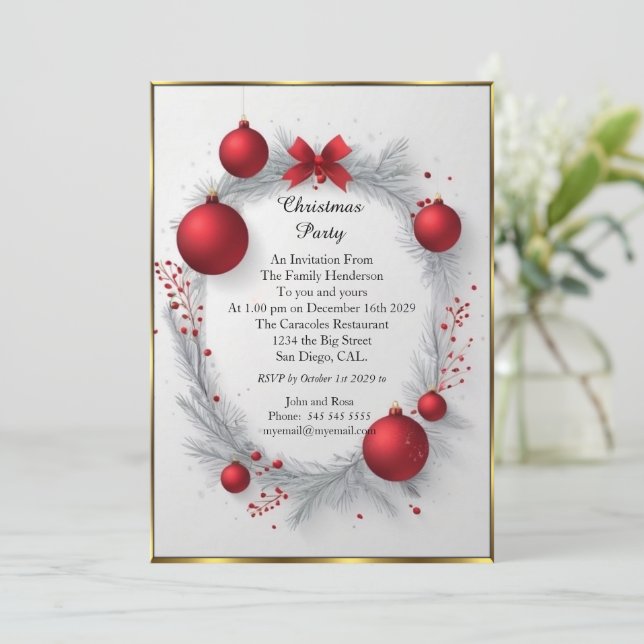 Invitación Elegantes Navidades fiestas Red baubles (Anverso de pie)