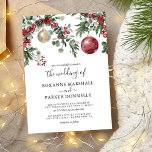 Invitación Elegantes Navidades Floral Boda de Invierno<br><div class="desc">Invitaciones a bodas de invierno rústicas con un simple fondo blanco,  flores y follaje de acuarela festiva,  baubles de navidad rojo y dorado,  y una elegante plantilla de boda que es fácil de personalizar.</div>