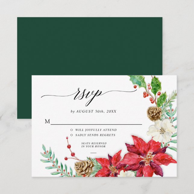 Invitación Elegantes Navidades Floral Borgoña Rojo Foliage RS (Anverso / Reverso)