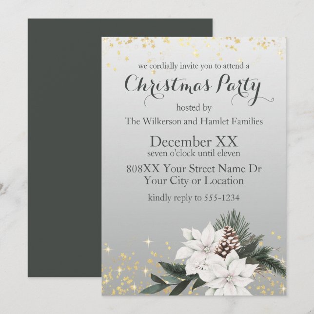 Invitación Elegantes Navidades florales de invierno blancos y (Anverso / Reverso)