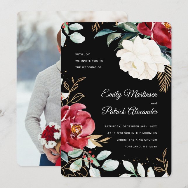 Invitación Elegantes Navidades florales negras Boda de fotogr (Anverso / Reverso)