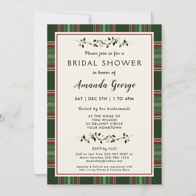 Invitación Elegantes Navidades Holiday Plaid Bridal Shower (Anverso)