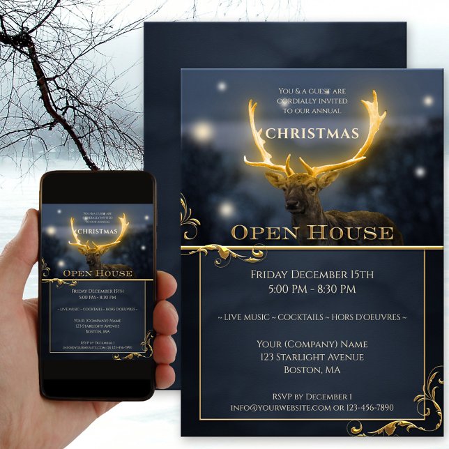 Invitación Elegantes Navidades invitan a la casa abierta de v (Christmas Open House invitation showing a deer with glowing antlers and festive light sparkles)