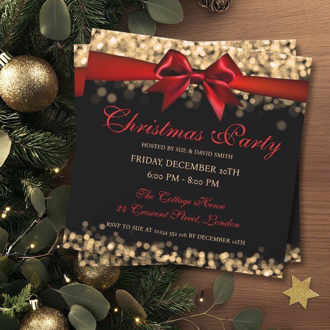 Invitación Elegantes Navidades Lámparas de Oro Cinta de Luces (Elegant Christmas Gold Shimmer Lights Ribbon Invitation)