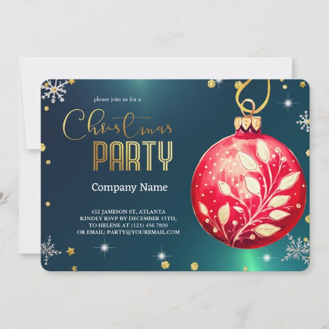 Invitación Elegantes Navidades Mágicos Verdes,Ornamentos Rojo (Anverso)