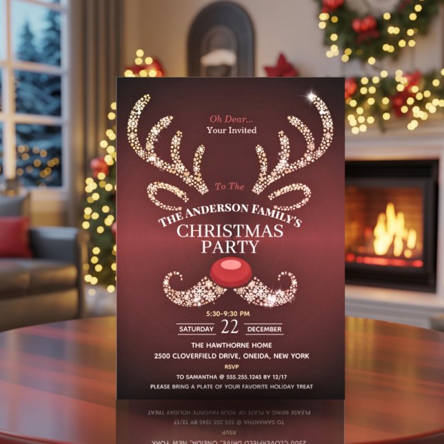 Invitación Elegantes Navidades modernos de renos rojos y dora (Subido por el creador)