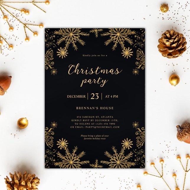 Invitación Elegantes Navidades Modernos Festividades Negras Y (Elegant Modern Christmas Black And Gold Festive Invitation)