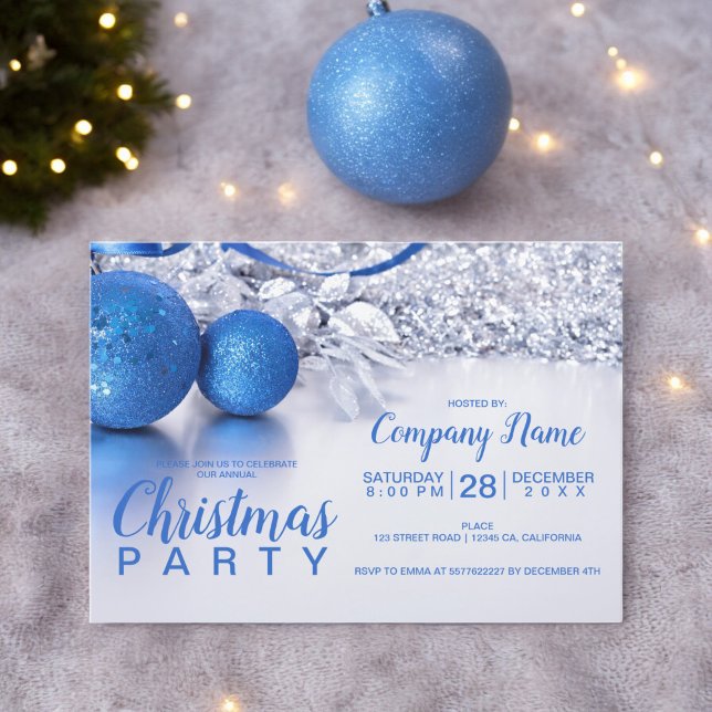 Invitación Elegantes Navidades negocios de hielo de bola azul (Elegant Christmas blue ball ice business corporate Invitation)