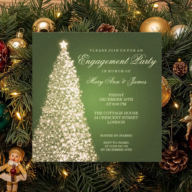 Invitación Elegantes Navidades Partido de Compromiso Gold Gre (Elegant Christmas Engagement Party Gold Green Invitation)