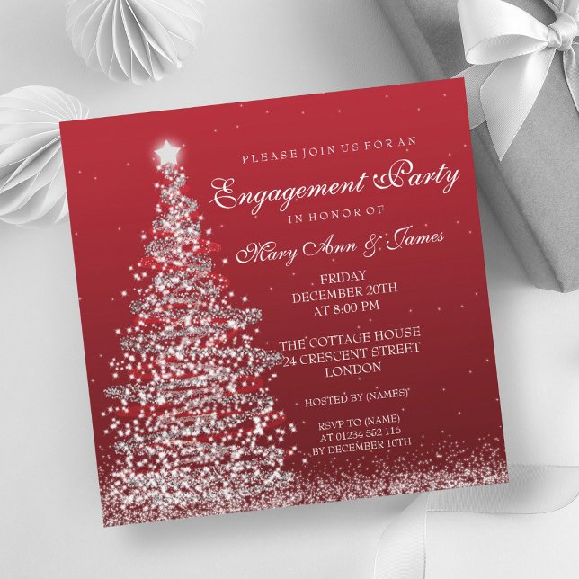 Invitación Elegantes Navidades Partido de Compromiso Red Silv (Elegant Christmas Engagement Party Red Silver Invitation)