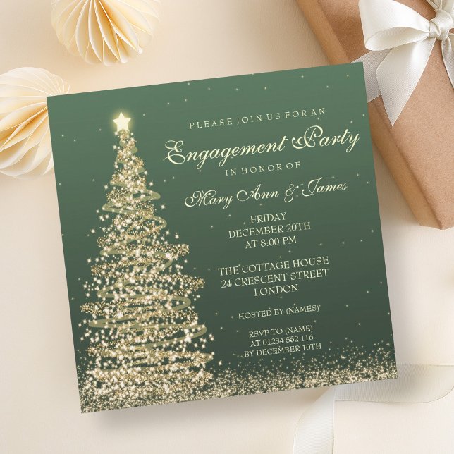 Invitación Elegantes Navidades Partido de Compromiso Verde Or (Elegant Christmas Engagement Party Green Gold Invitation)