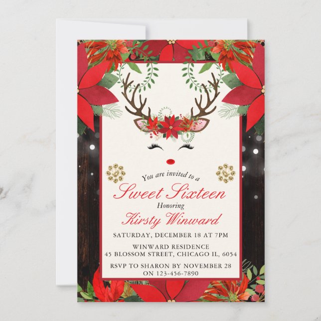 Invitación Elegantes Navidades Poinsettia Reindeer Sweet 16 (Anverso)