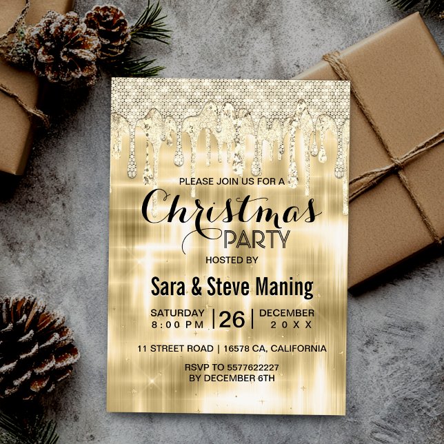 Invitación Elegantes Navidades purpurinas de goteo de oro (Subido por el creador)