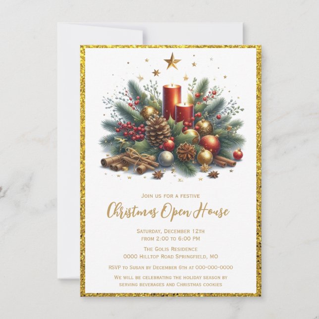 Invitación Elegantes Navidades Purpurinas de oro en la Casa A (Anverso)