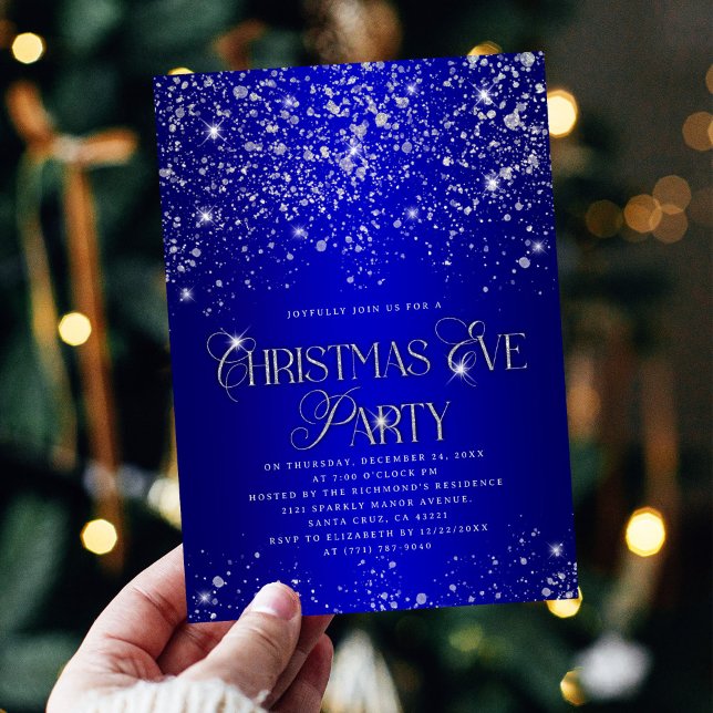 Invitación Elegantes Navidades Purpurinas de Plata Azul Eve F (Subido por el creador)
