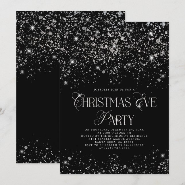 Invitación Elegantes Navidades Purpurinas de Plata Negra Eve  (Anverso / Reverso)