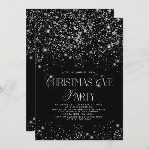 Invitación Elegantes Navidades Purpurinas de Plata Negra Eve 