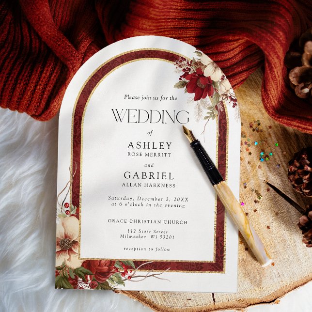 Invitación Elegantes Navidades Red Damask Arco floral (Subido por el creador)