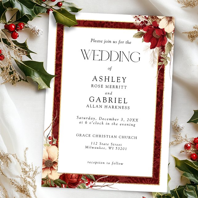 Invitación Elegantes Navidades Red Damask Floral (Subido por el creador)