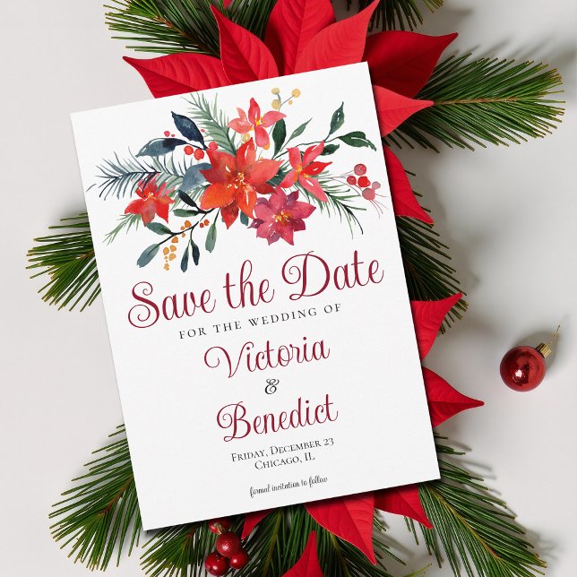 Invitación Elegantes Navidades rojos Poinsettia salva la fech (Subido por el creador)