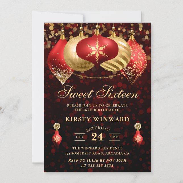 Invitación Elegantes Navidades rojos y dorados Baubles Sweet  (Anverso)