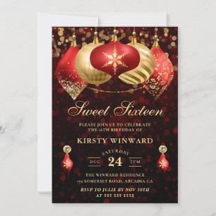 Invitación Elegantes Navidades rojos y dorados Baubles Sweet 