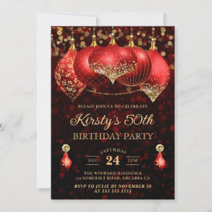 Invitación Elegantes Navidades Rojos y Oro Baubles 50 cumplea