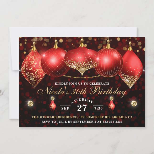 Invitación Elegantes Navidades Rojos y Oro Baubles Cumpleaños (Anverso)